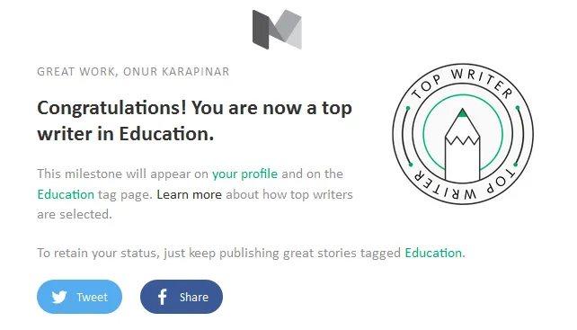 E-mail de Medium annonçant à Onur qu'il est Top Writer en Éducation